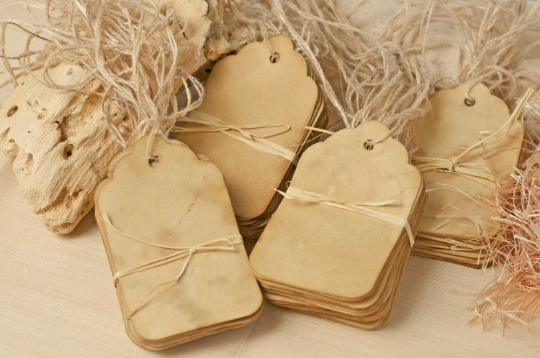 A Set Of 50 Ct Real Coffee Stained Rustic, Vintage Style Tags | Size: 1.69" Width X 2.75" Height - Perfect Old Charm Tags