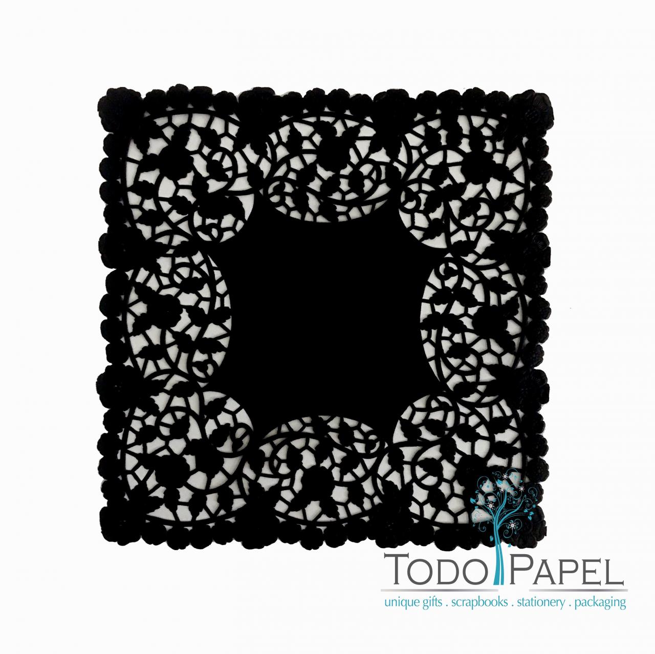 100 Pack Of High Quality 8 Inch Square Black Paper Lace Doilies | Elegant Edge Design For Weddings, Party Table Decor And As Invitation